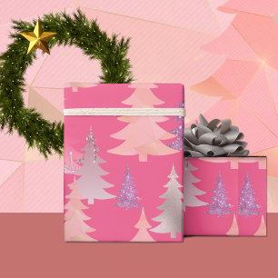 Cute Glitter Pink Christmas Tree Pattern Wrapping Paper