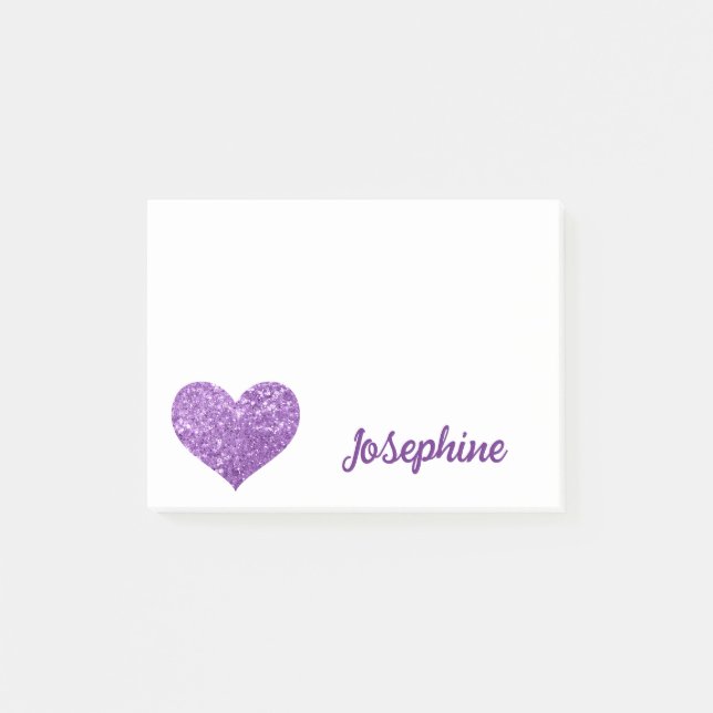 Cute Glitter Purple Heart Personalised Girly Name Post-it Notes (Front)