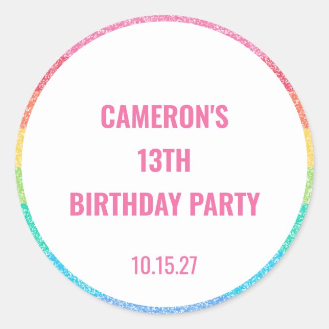 Cute Glitter Rainbow Colourful Custom Birthday Classic Round Sticker (Front)