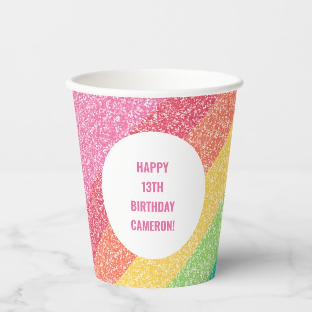 Cute Glitter Rainbow Colourful Custom Birthday Paper Cups (Front)