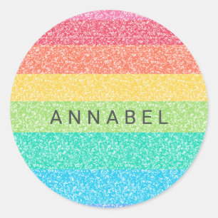 Cute Glitter Rainbow Stripes Colourful Custom Name Classic Round Sticker