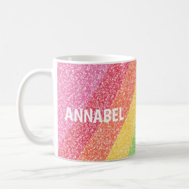 Cute Glitter Rainbow Stripes Colourful Custom Name Coffee Mug (Left)