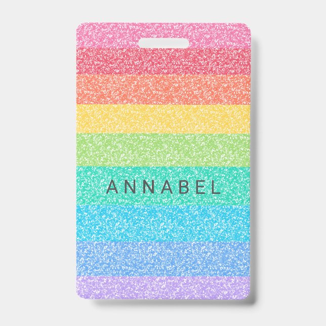 Cute Glitter Rainbow Stripes Colourful Custom Name ID Badge (Front)