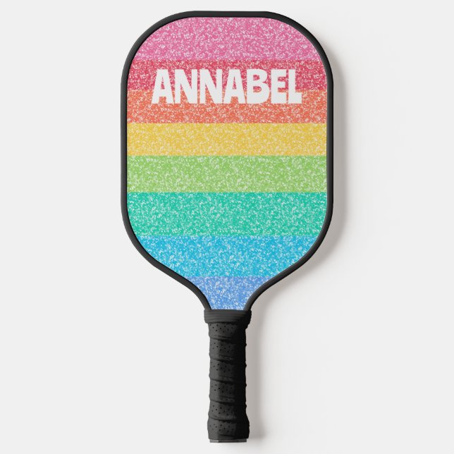 Cute Glitter Rainbow Stripes Colourful Custom Name Pickleball Paddle (Front)