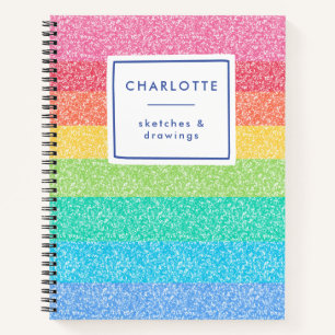 Cute Glitter Rainbow Stripes Colourful Name Sketch Notebook