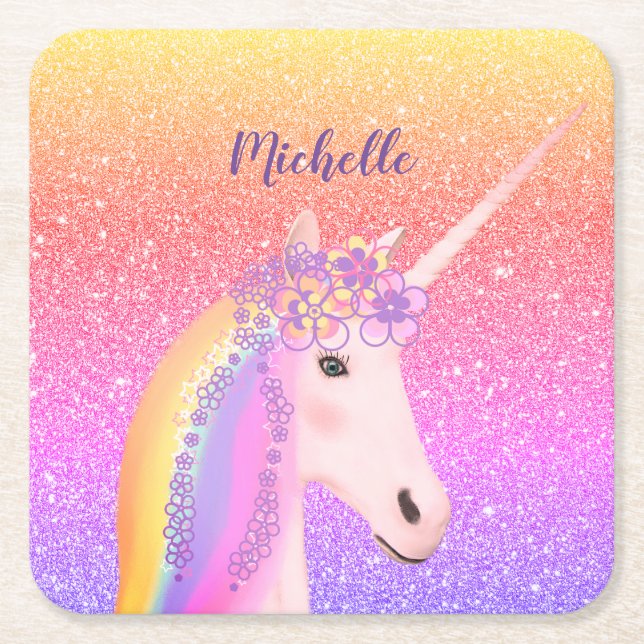 Cute Glitter Rainbow Unicorn Fantasy Personalised Square Paper Coaster (Front)