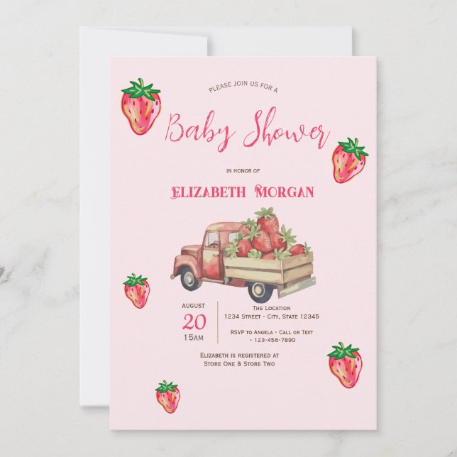 Cute Glitter Strawberries Truck Dots Baby Shower Invitation (Front)