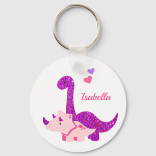 Cute Glittery Dinosaur Purple Personalised  Key Ring