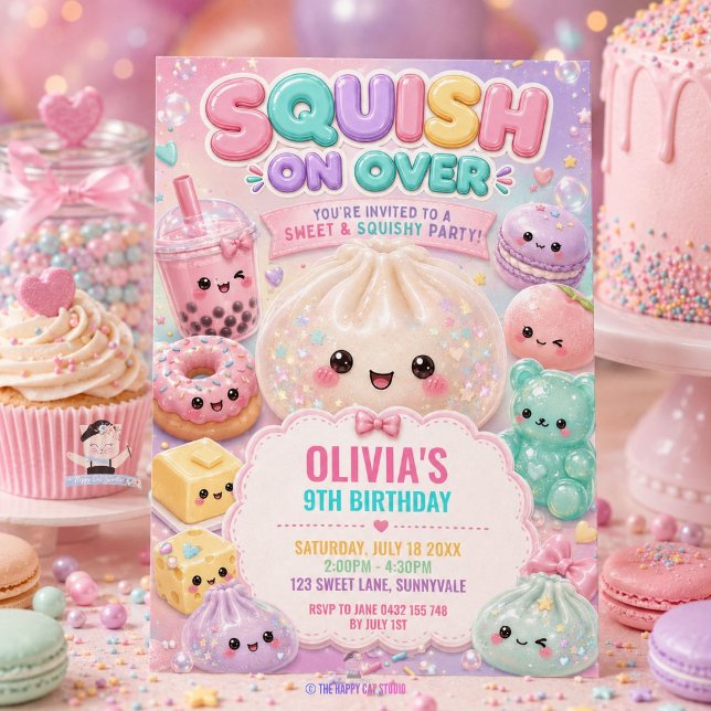 Cute Glittery Dumpling Bao Squishy Party Birthday Invitation (Cute Glitter Dumpling Bao Squishy Party Birthday Invitation )
