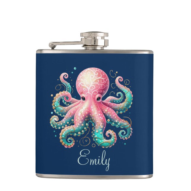 Cute Glittery Octopus Custom Monogram Hip Flask (Front)
