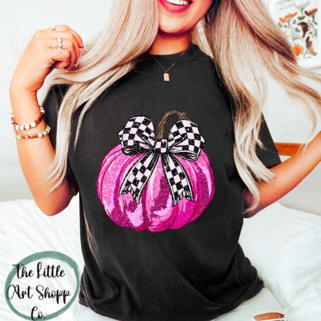 Cute Glittery Pink Pumpkin Tshirt Fall Vibes (Cute Pink Sparkly Breast Cancer Awareness Pumpkin Coquette Bow Trendy Retro Halloween Tshirt Fall )