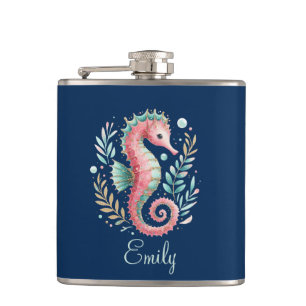 Cute Glittery Seahorse Custom Monogram Hip Flask