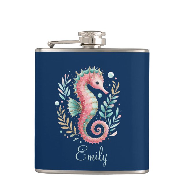 Cute Glittery Seahorse Custom Monogram Hip Flask (Front)