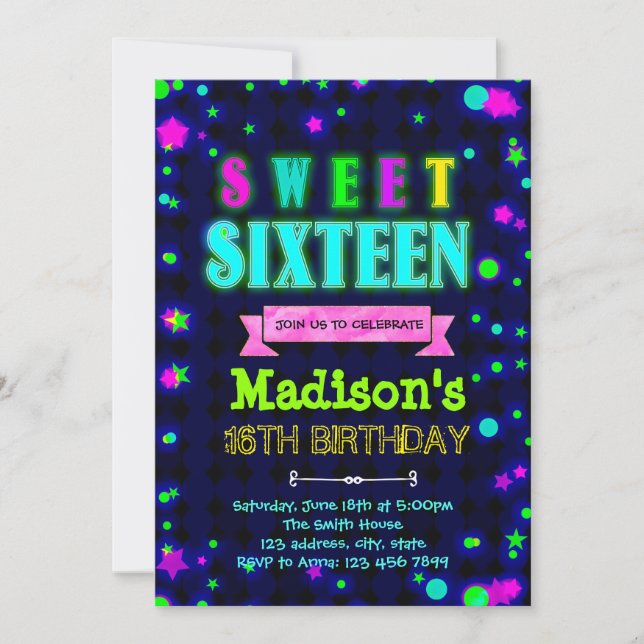 Cute glow 16 birthday party invitation (Front)