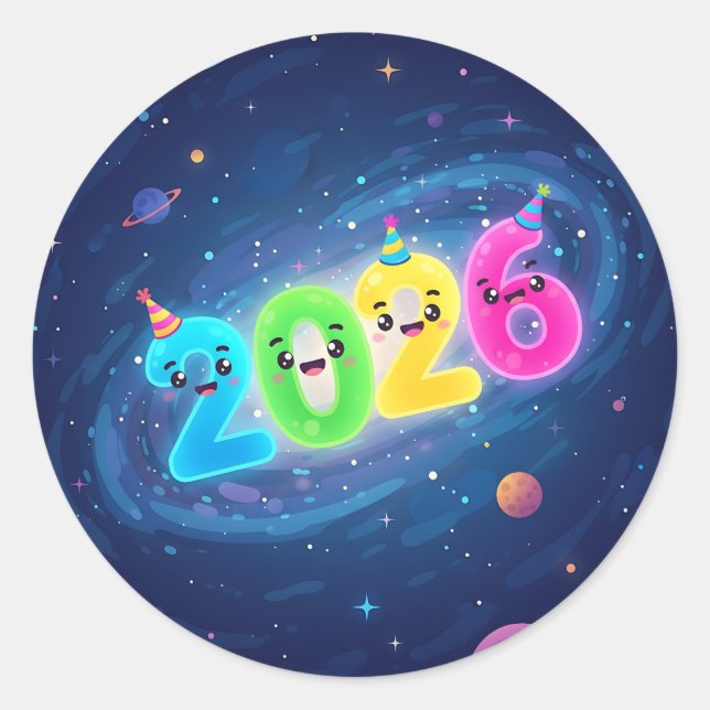 Cute glowing 2026 numbers with party in galaxy classic round sticker (Front)