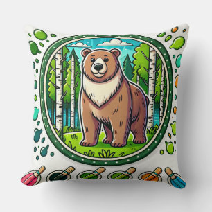 Cute Glowing Bear Illustration with Forest Cushion