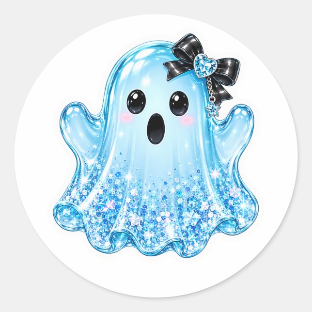 Cute Glowing Ghost with Black Bow Vinyl  Classic Round Sticker (Front)