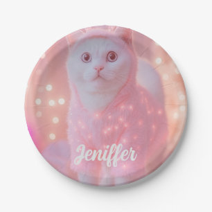 Cute Glowing Reindeer Kitty Winter Fantasy Paper Plate