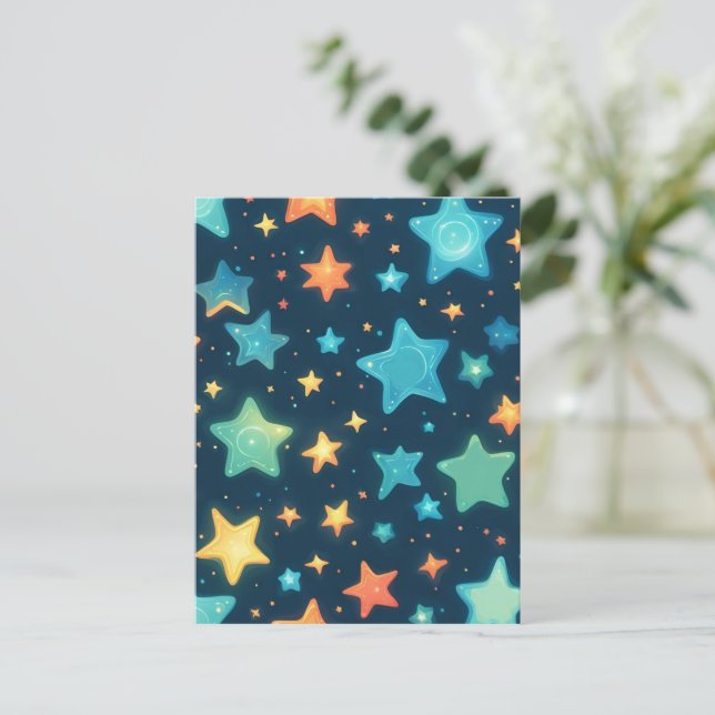 Cute glowing stars on blue postcard (Standing Front)