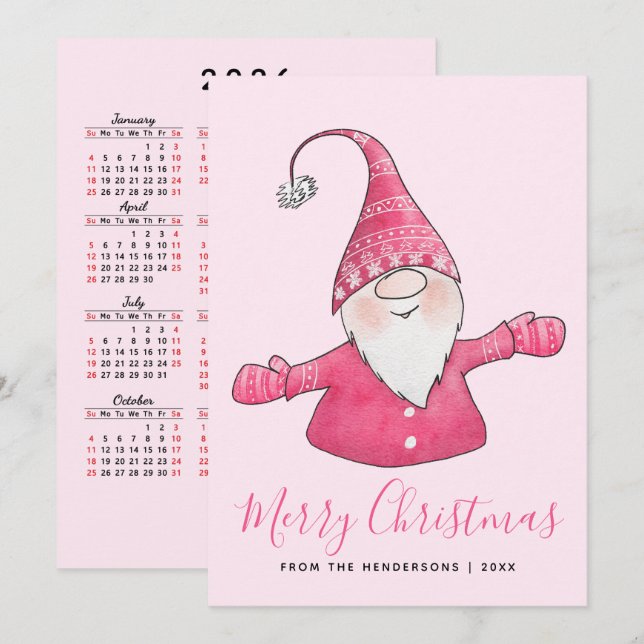 Cute Gnome 2025 Calendar Pink Merry Christmas Holiday Card (Front/Back)