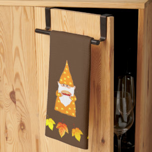 Cute Gnome and Autumn Leaves on Brown Tea Towel