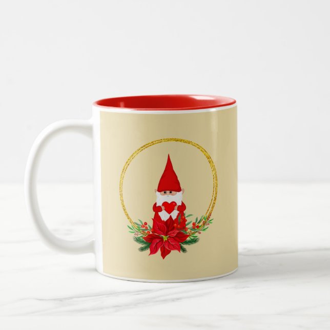 Cute Gnome and Christmas Wreath on Light Beige Mug (Left)