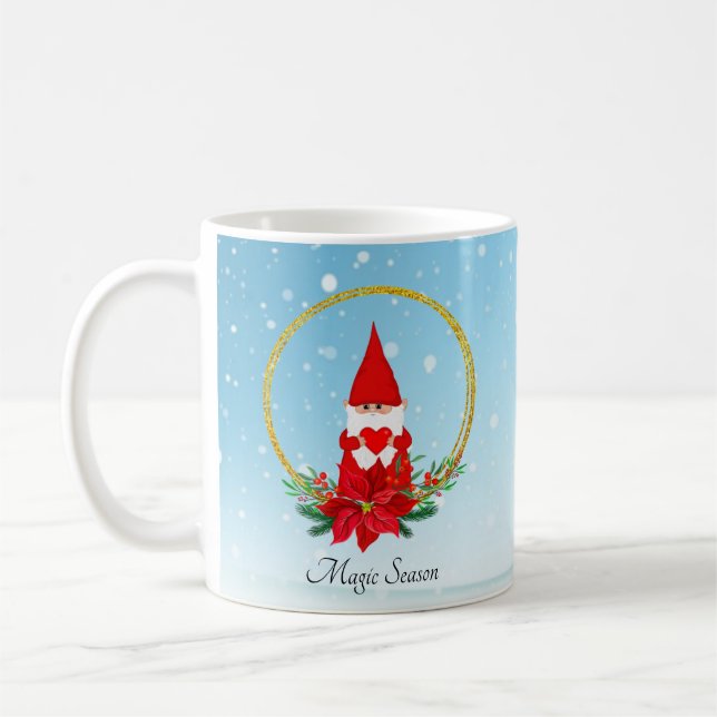 Cute Gnome and Christmas Wreath on Light Blue Coff Coffee Mug (Left)