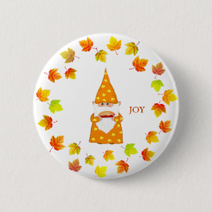 Cute Gnome and Holiday Fall Leaves on White 6 Cm Round Badge