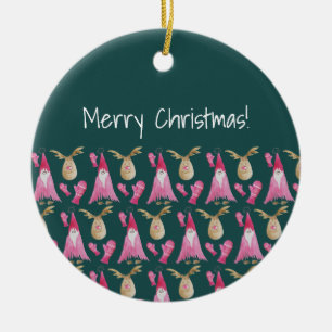 Cute Gnome And Reindeer With Pink Glove Ceramic Tree Decoration