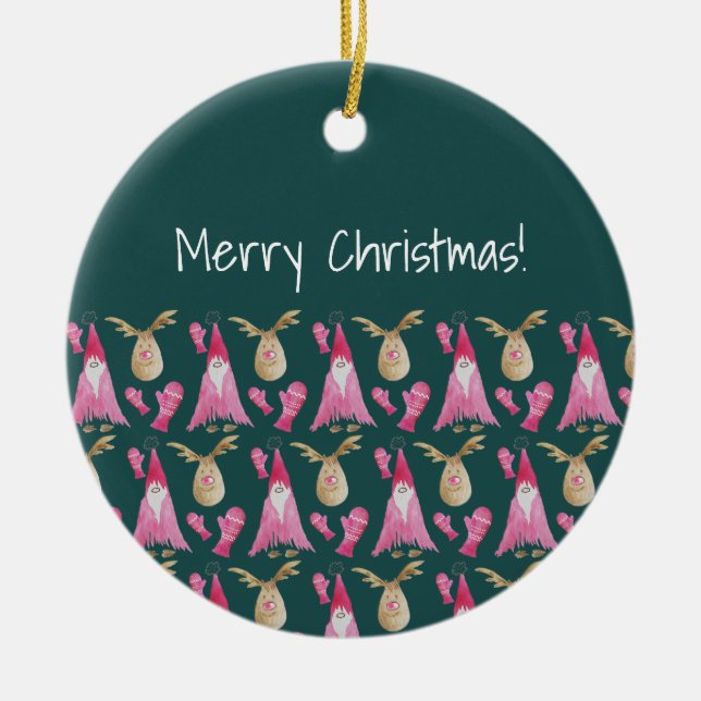 Cute Gnome And Reindeer With Pink Glove Ceramic Tree Decoration (Front)