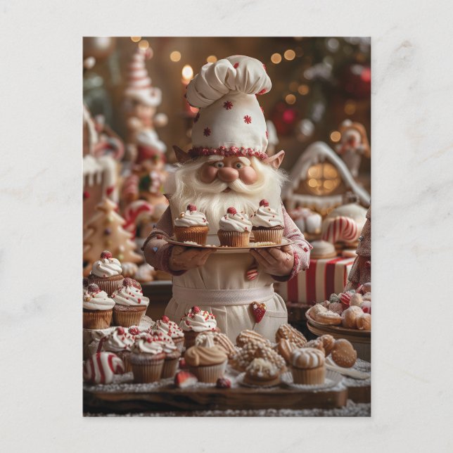 Cute gnome baker surrounded by cakes and treats postcard (Front)