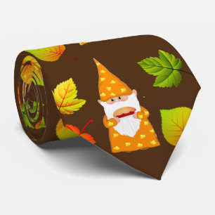 Cute Gnome & Beautiful Autumn Leaves on Brown Tie