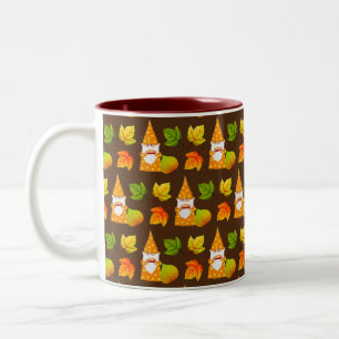 Cute Gnome & Beautiful Autumn Leaves on Brown Two-Tone Coffee Mug