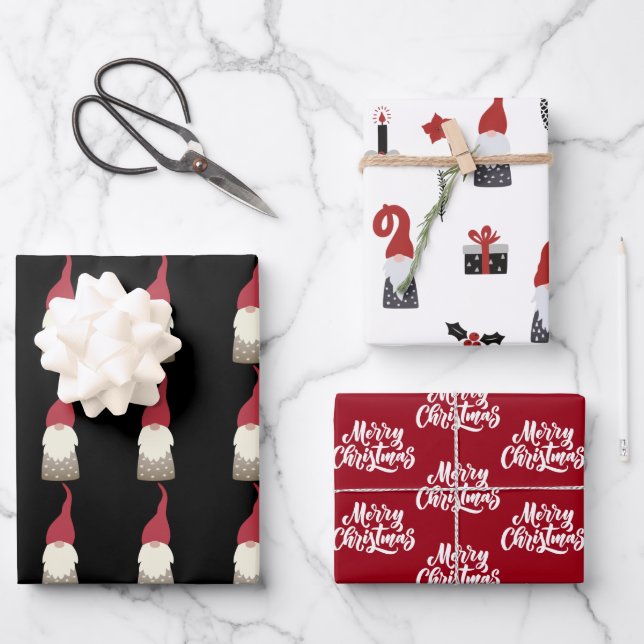 Cute Gnome Black and Red Christmas Wrapping Paper Sheet (Front)