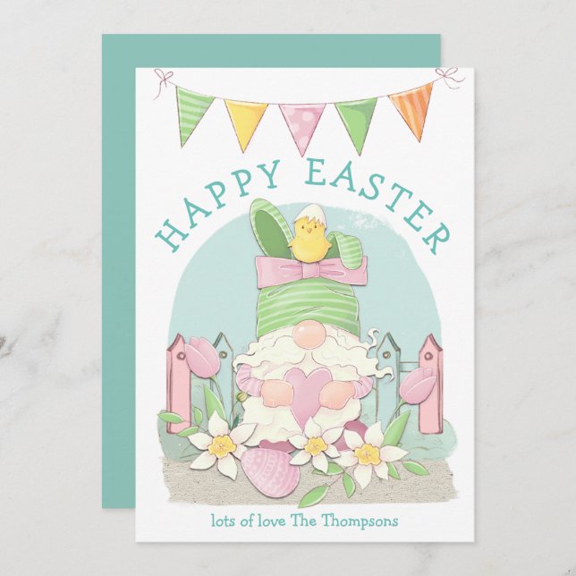 Cute Gnome Bunny Chick Florals Teal Happy Easter Holiday Card (Front/Back)