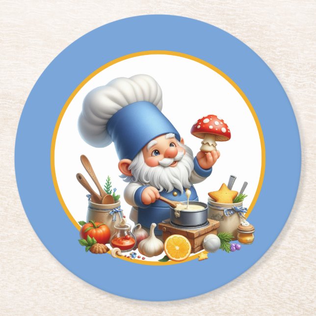 Cute gnome chef potluck party round paper coaster (Front)