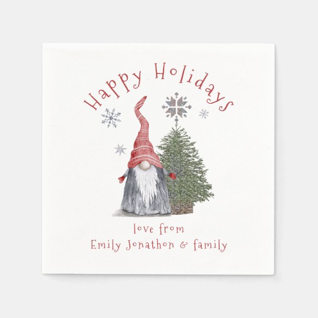 Cute Gnome Christmas Tree Name Happy Holidays Napkin (Front)