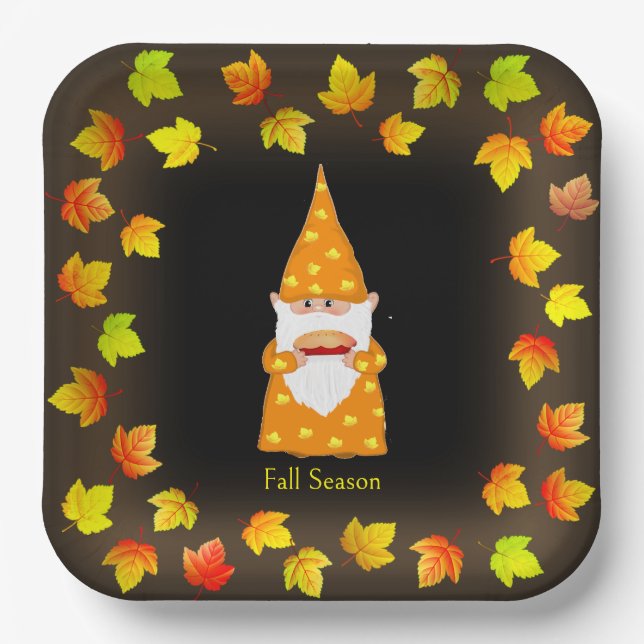 Cute Gnome & Colourful Fall Leaves on Black Paper Plate (Front)