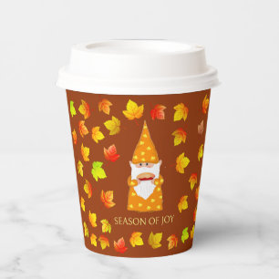 Cute Gnome & Colourful Fall Leaves on Brown Paper Cups
