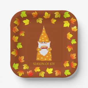 Cute Gnome & Colourful Fall Leaves on Terracotta Paper Plate