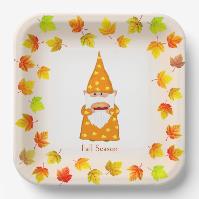 Cute Gnome & Colourful Fall Leaves Paper Plate (Front)