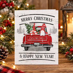 Cute Gnome Couple Vintage Red Truck Christmas Holiday Card