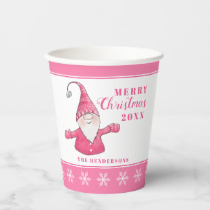 Cute Gnome Custom White and Pink Christmas Paper Cups