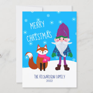 Cute Gnome Fox Snowflakes Blue Merry Christmas Holiday Card