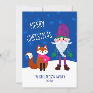 Cute Gnome Fox Snowflakes Night Blue Christmas Holiday Card