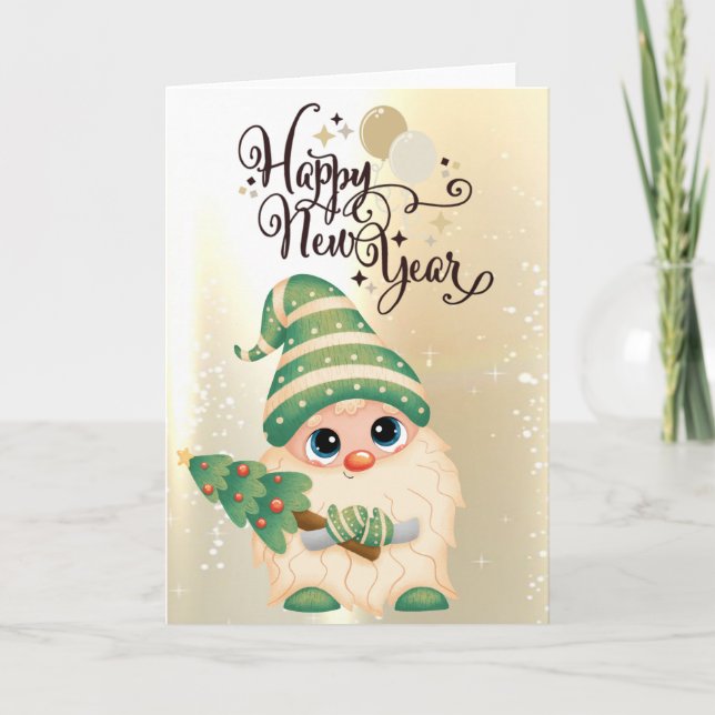 Cute Gnome Gold,Pine Tree Holiday Card (Front)