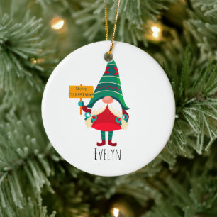 Cute Gnome Holding Placard with Greetings Ceramic Tree Decoration