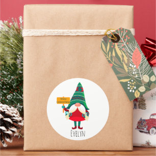 Cute Gnome Holding Placard with Greetings Classic Round Sticker