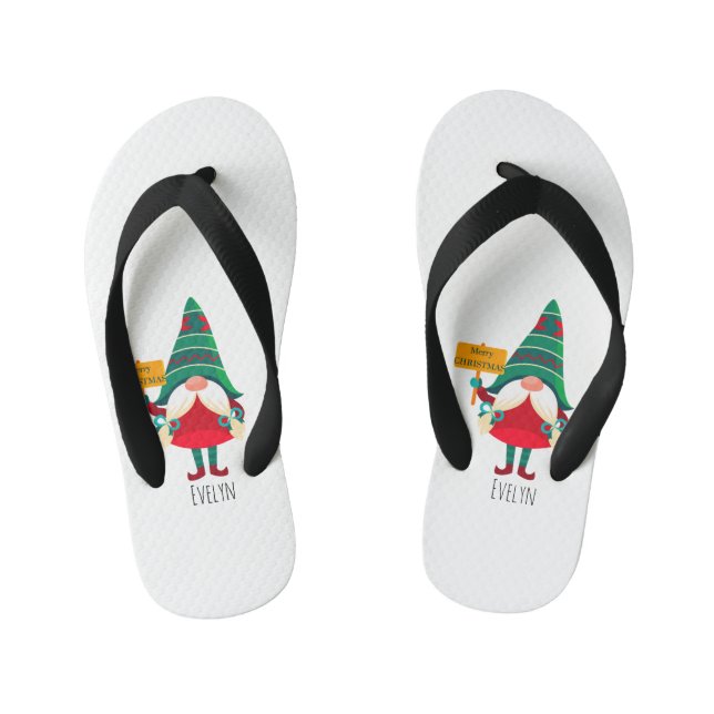 Cute Gnome Holding Placard with Greetings Kid's Jandals (Footbed)