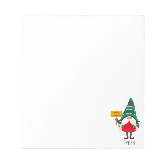 Cute Gnome Holding Placard with Greetings Notepad (Front)